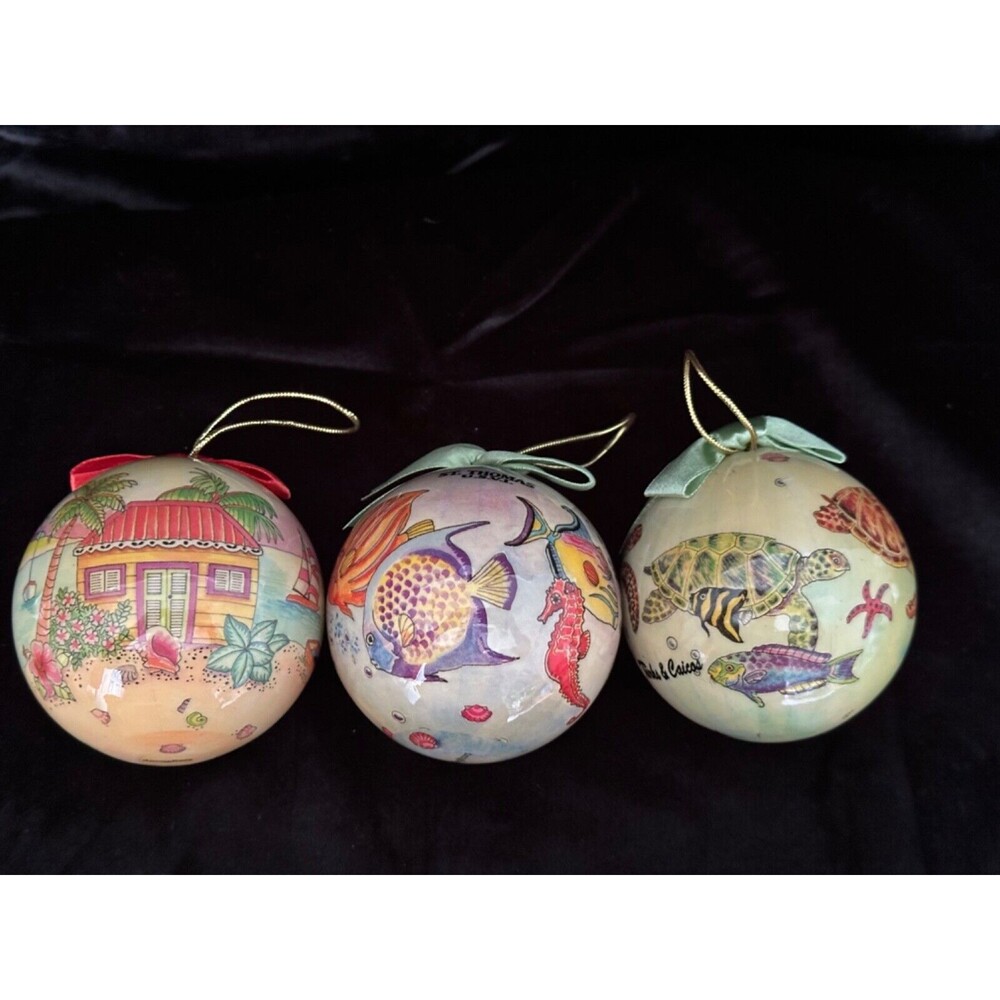 A giftcorp set of 3 Christmas Ornaments, 3 tropical ball ornaments with ribbons